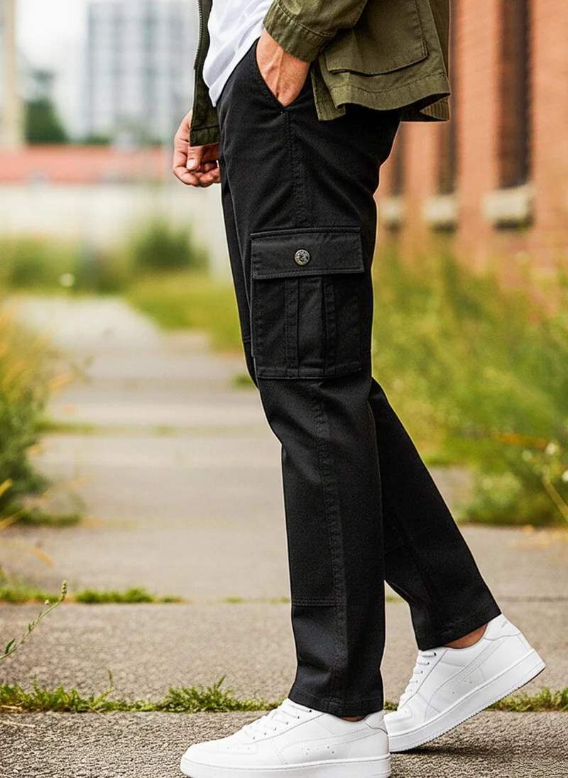 Urbano Fashion Men's Black Regular Fit Solid Cargo Chino Pant with 6 Pockets